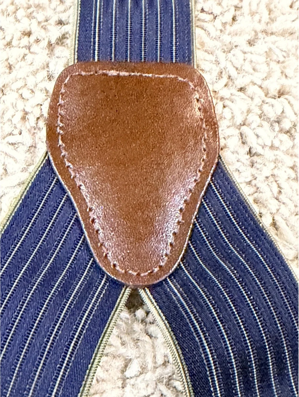 Vintage Pelican USA Navy Blue Pinstripe Suspenders with Leather Accents